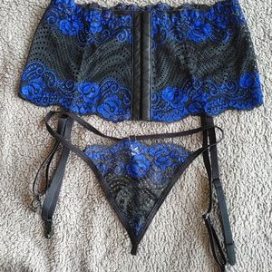 Blue and black two piece lingerie set, size S, Avidlove